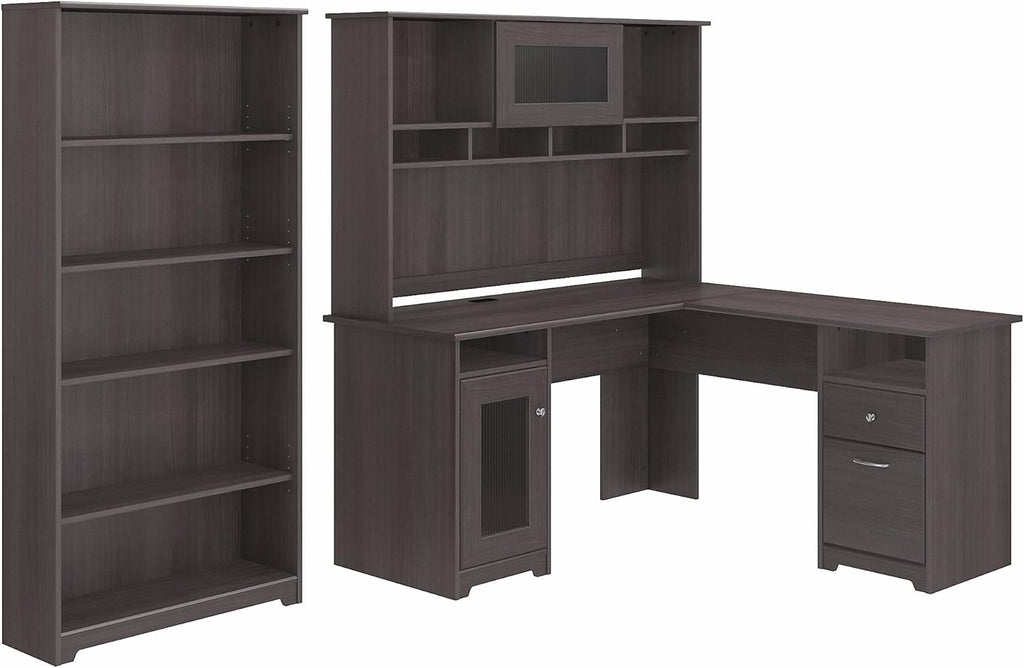 Espresso Oak L Shaped Desk with Hutch and 5 Shelf Bookcase C876