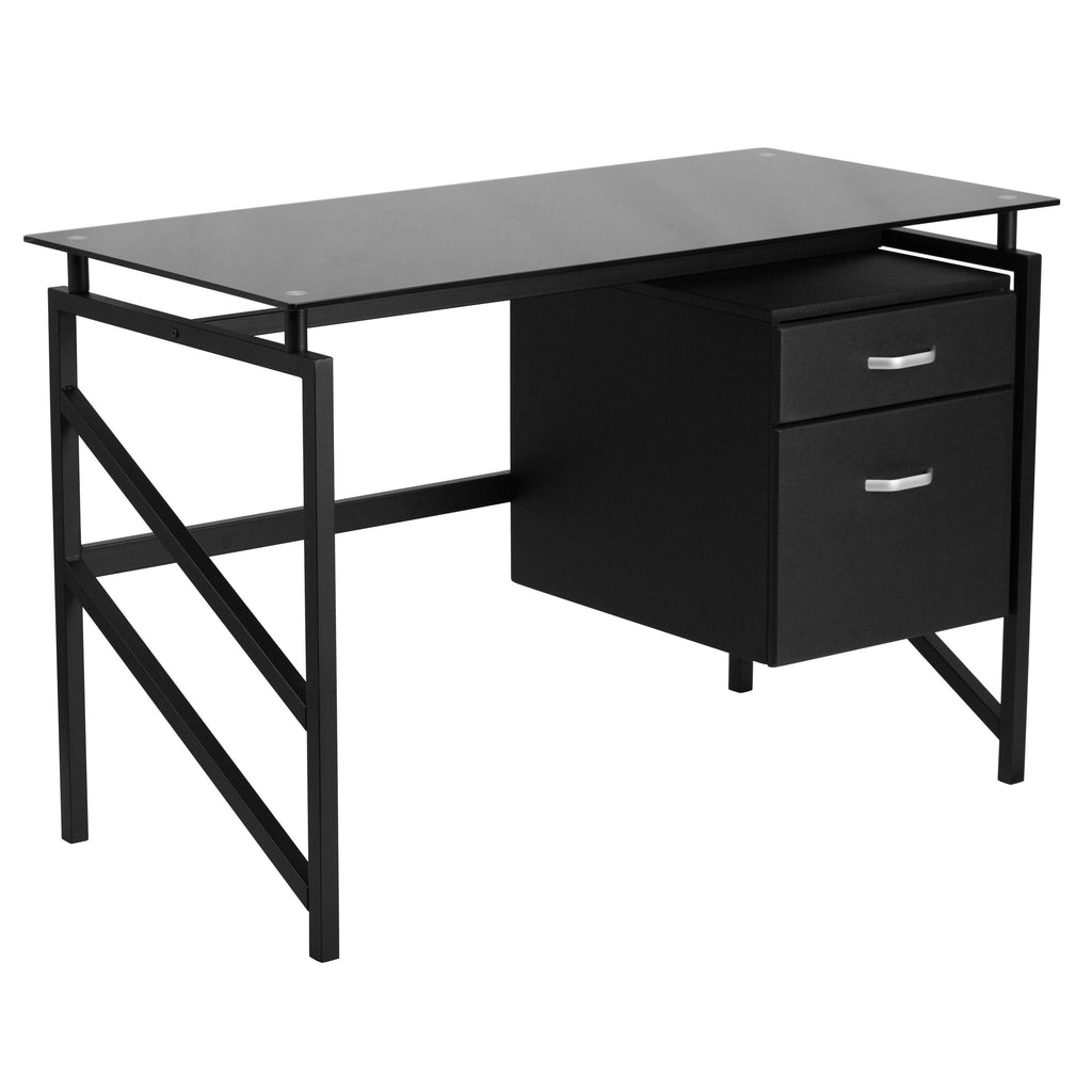Black Two Drawer Pedestal Desk with Tempered Glass Top and Metal Frame C6241
