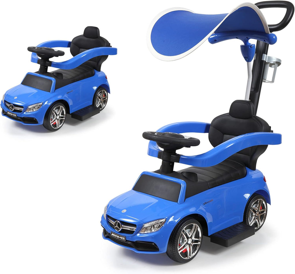 Blue Push Car for Toddlers with Horn Music, Safety Bar, Sun Canopy, Cup Holder T7861