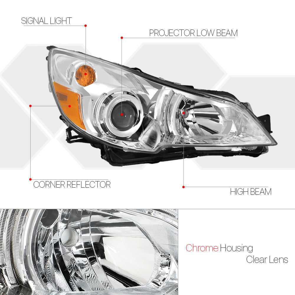 Chrome Projector Headlight Assembly for 2010-2014 Subaru Outback and Legacy P7287