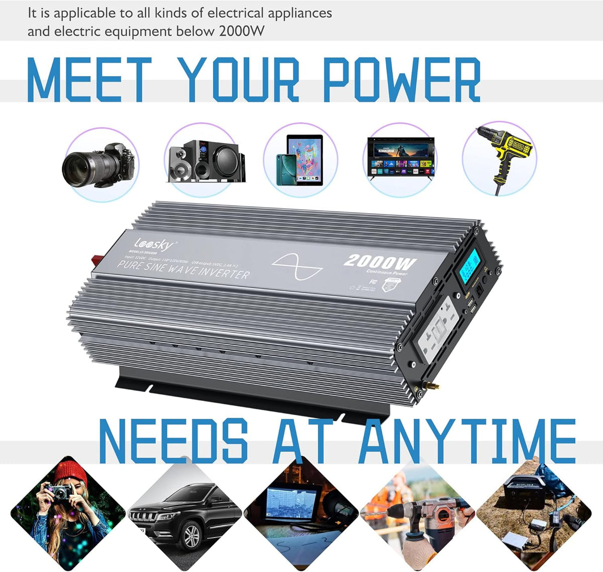 2000W Pure Sine Wave Power Inverter DC 12V to AC 110V 120V with GFCI Socket Dual 2.4A USB Ports LCD Display Remote Controller K87556