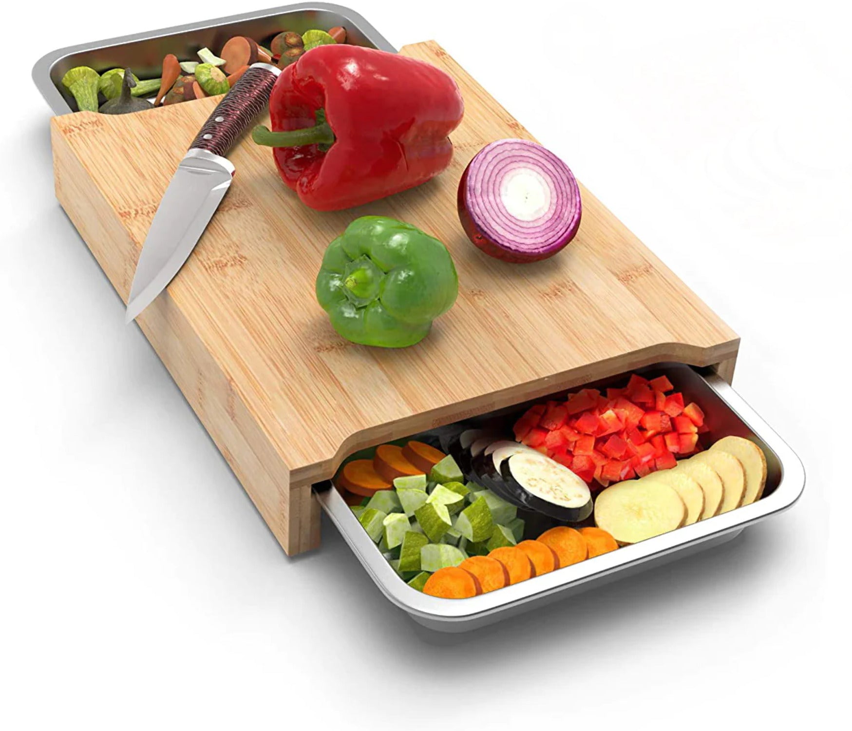 Bamboo Cutting Board with 2 Stainless Steel Trays I384