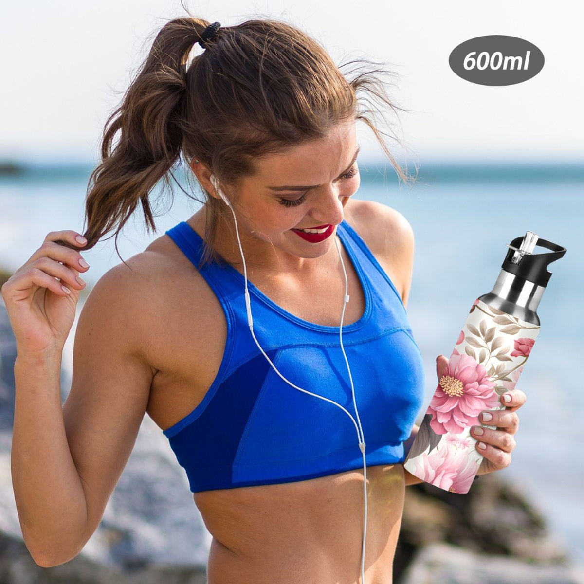Pink Flowers Floral Print Stainless Steel Insulated Water Bottle with Straw Lid P395876