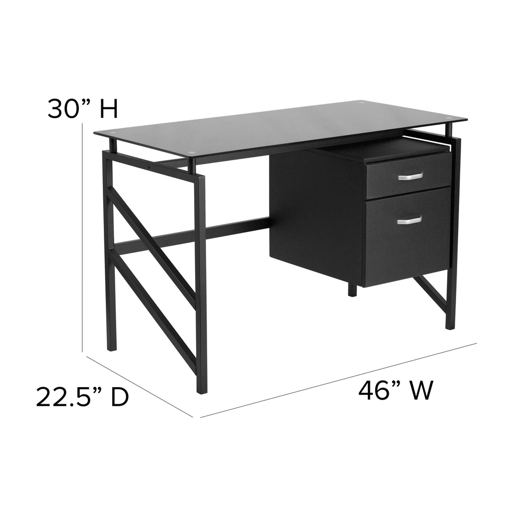 Black Two Drawer Pedestal Desk with Tempered Glass Top and Metal Frame C6241