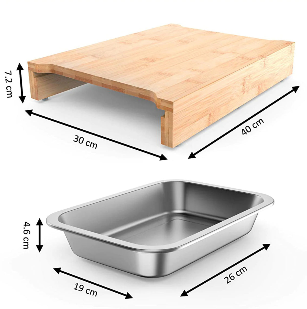 Bamboo Cutting Board with 2 Stainless Steel Trays I384