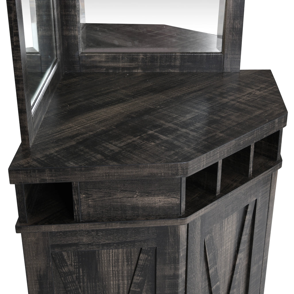 Corner Bar Unit with Two Glass Shelves, Built-in Wine Rack and Lower Cabinet, Charcoal R95449