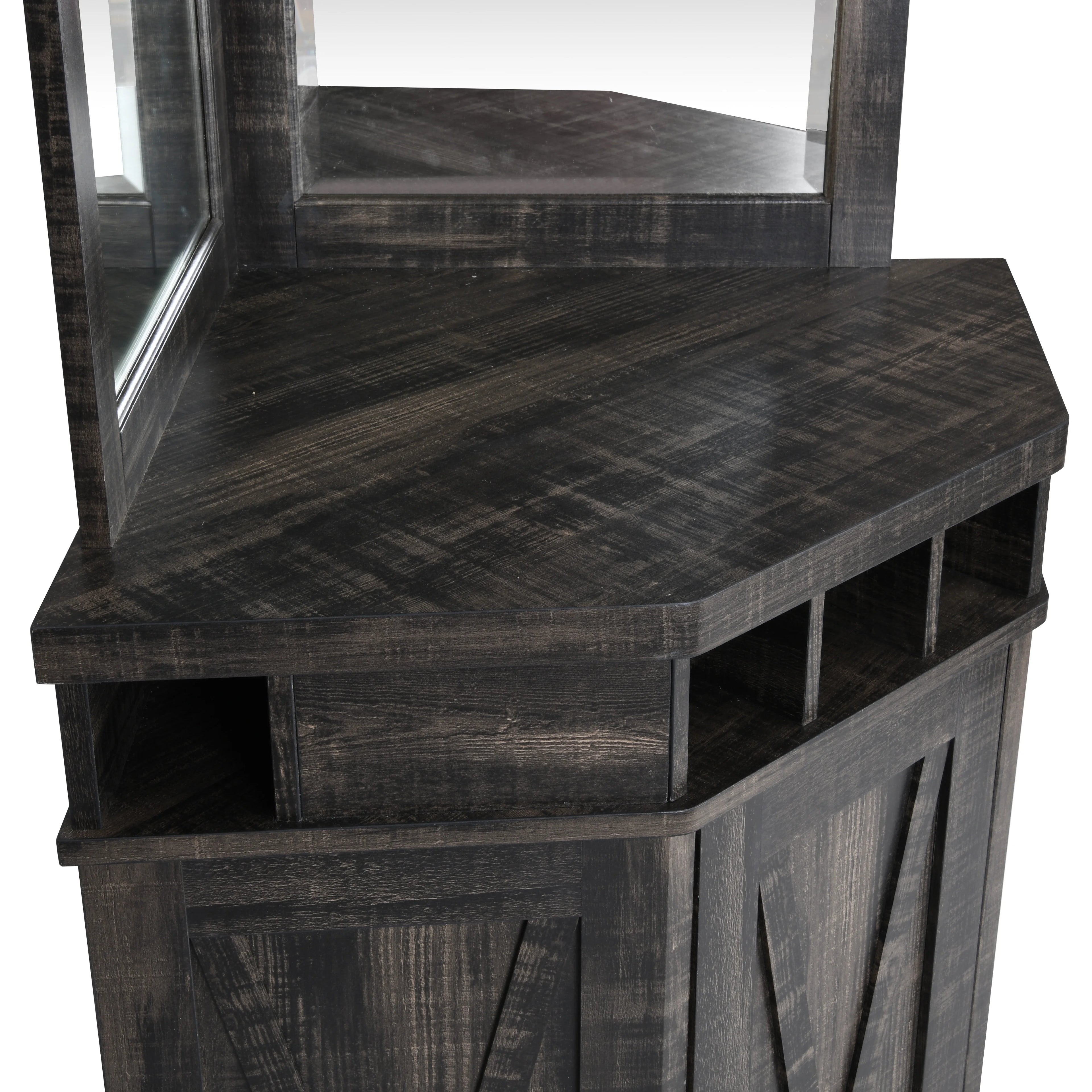 Corner Bar Unit with Two Glass Shelves, Built-in Wine Rack and Lower Cabinet, Charcoal R95449