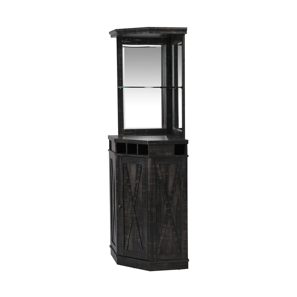 Corner Bar Unit with Two Glass Shelves, Built-in Wine Rack and Lower Cabinet, Charcoal R95449