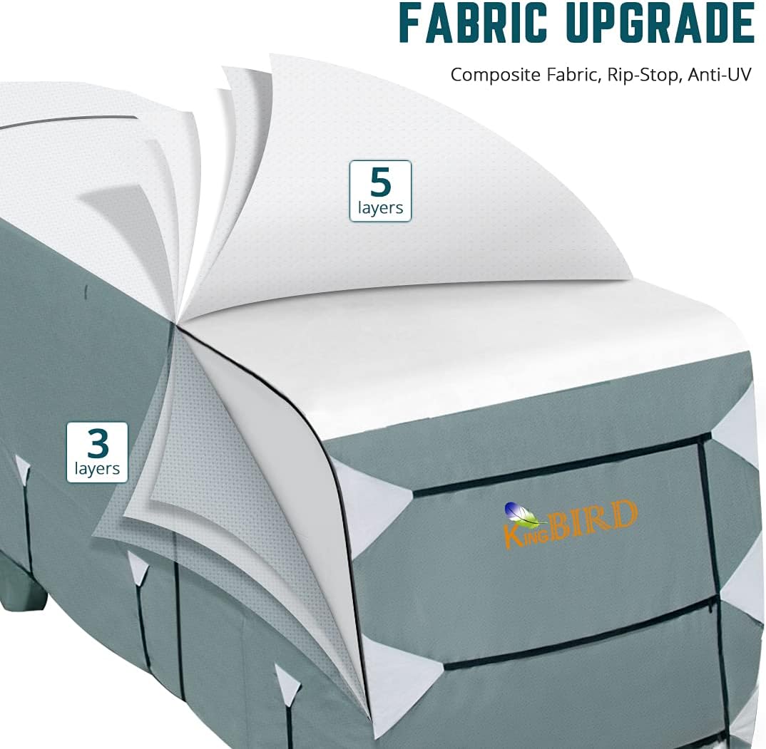 5th Wheel RV Cover, Extra-Thick 5 Layers Anti-UV Top Panel, Fits 28.5'-32.5' Motorhome with 2Pcs Extra Straps & 4 Tire Covers M901