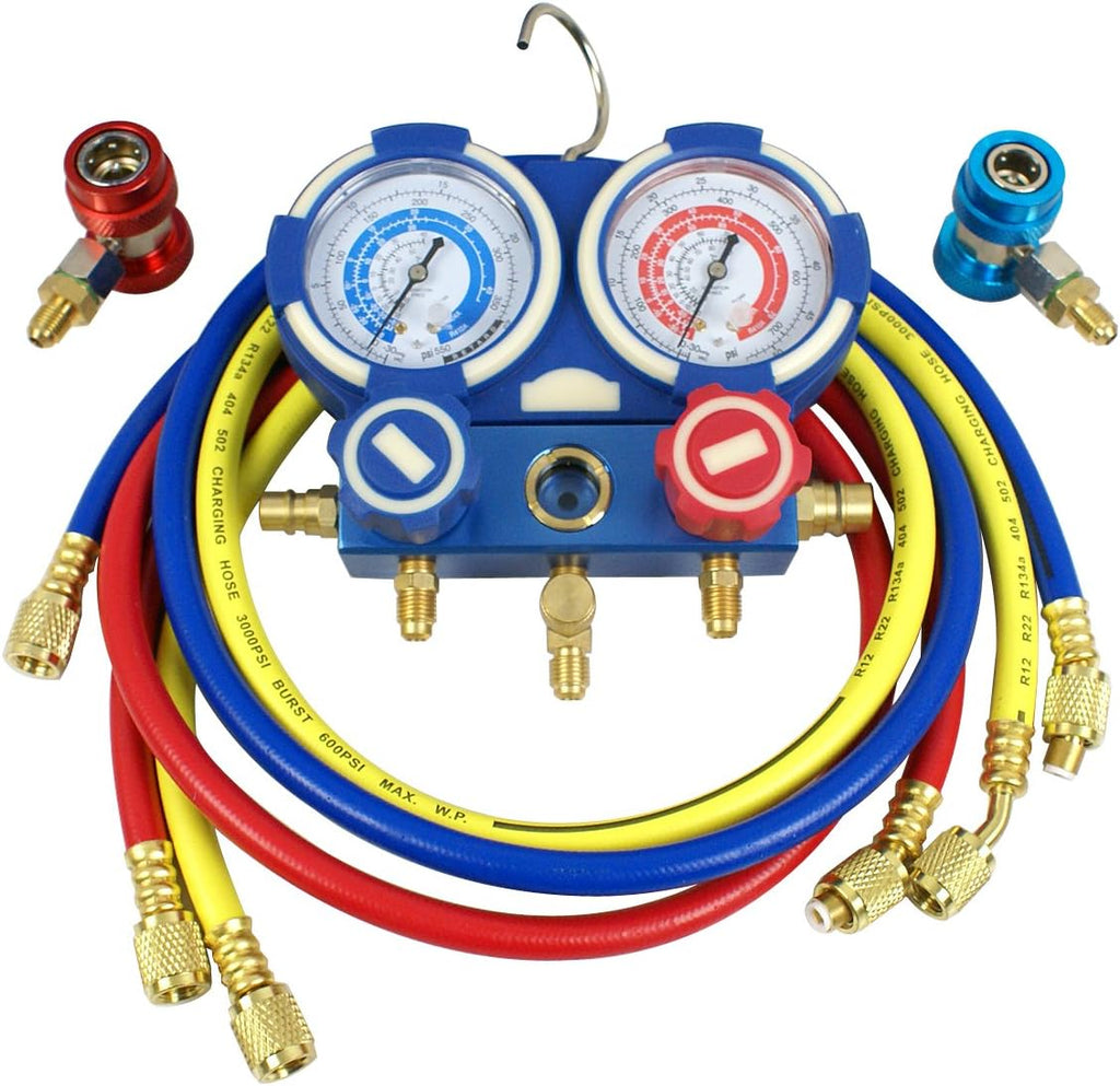 A/C Manifold Gauge Set R134a Refrigeration Kit Brass 4FT w/Case, 1/4 SAE Fittings B13036