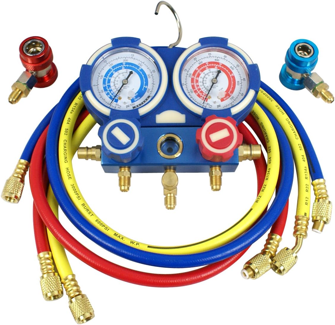 A/C Manifold Gauge Set R134a Refrigeration Kit Brass 4FT w/Case, 1/4 SAE Fittings B13036