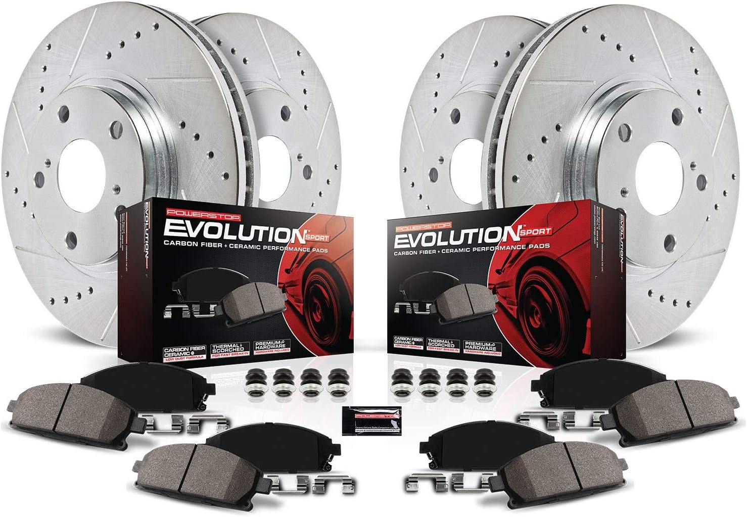 Front and Rear Z23 Carbon Fiber Brake Pads with Drilled & Slotted Brake Rotors Kit Q279010