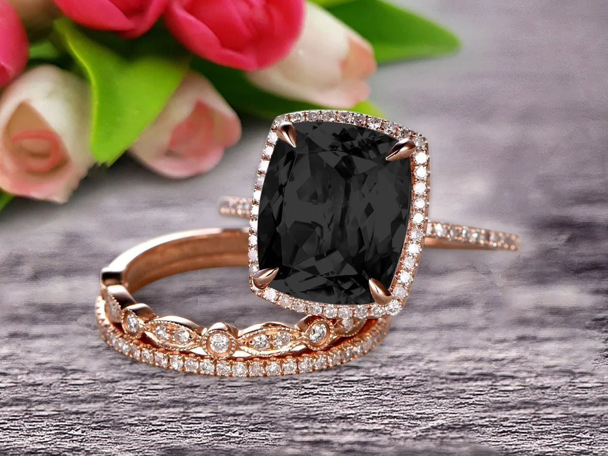 3 Carat Cushion Cut Black Diamond Moissanite Trio Set Ring On 10k Rose Gold W463