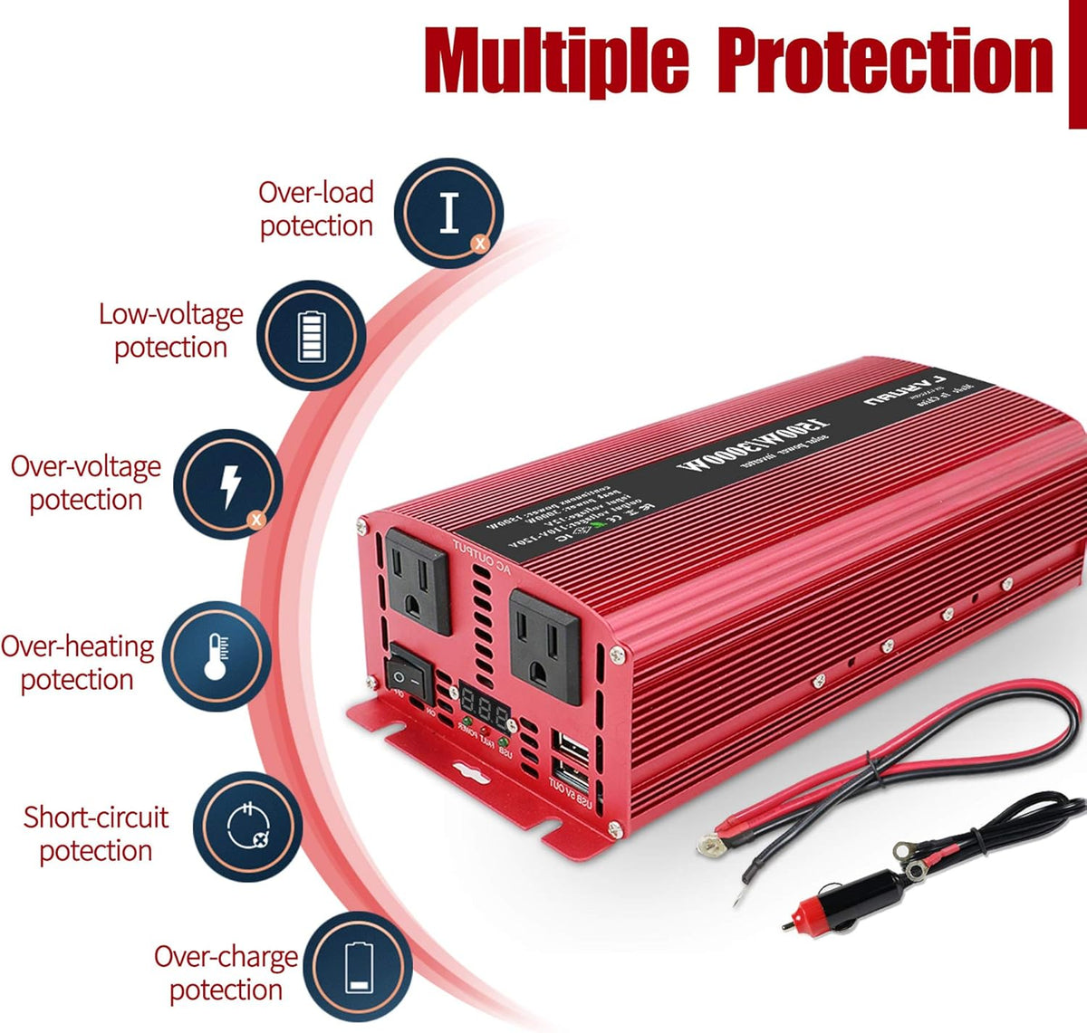 1500W Power Inverter Dual AC Outlets Dual USB DC 12V to 110V AC Car Inverter with Digital Display 4 External 40A Fuses L2269
