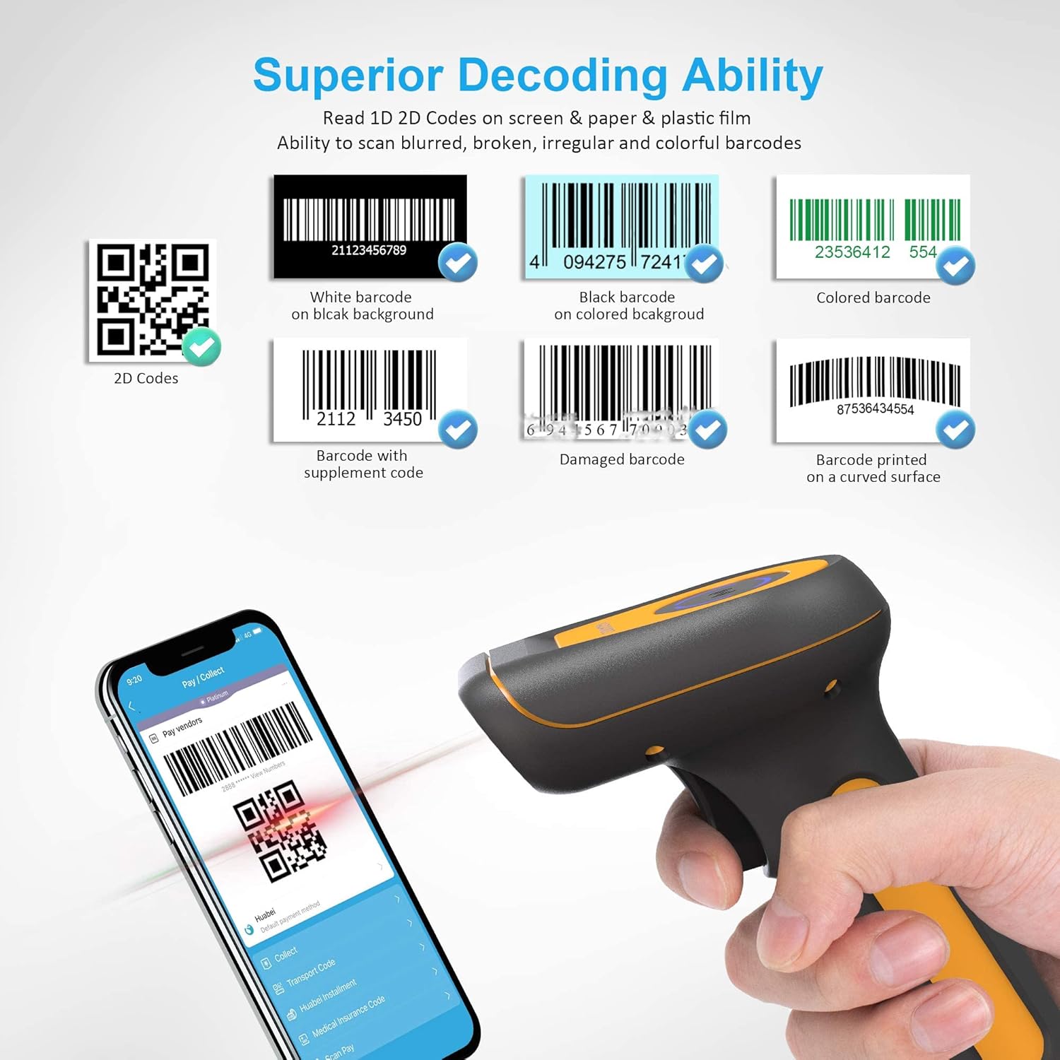 Cordless Barcode Scanner 2D Handheld Barcode Reader with USB Dongle Pack of 2 A760991