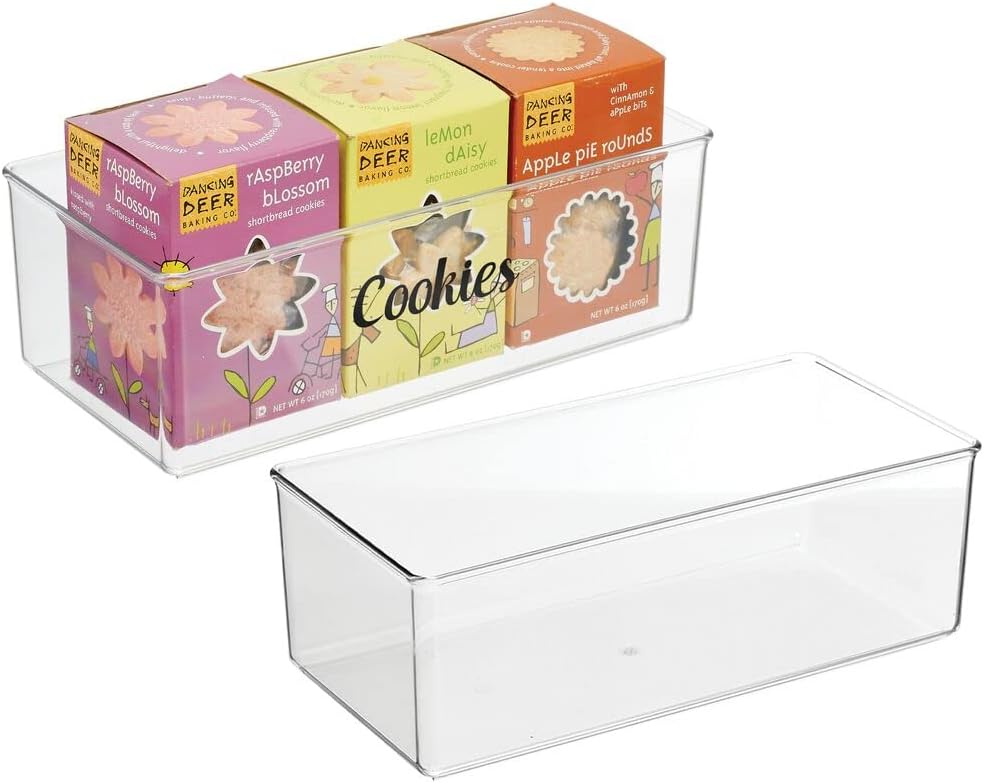 Deep Plastic Kitchen Storage Organizer Container Bin with 32 Pantry Identification Labels & Handles, 12 Long, Set of 2 Bins, Clear U650