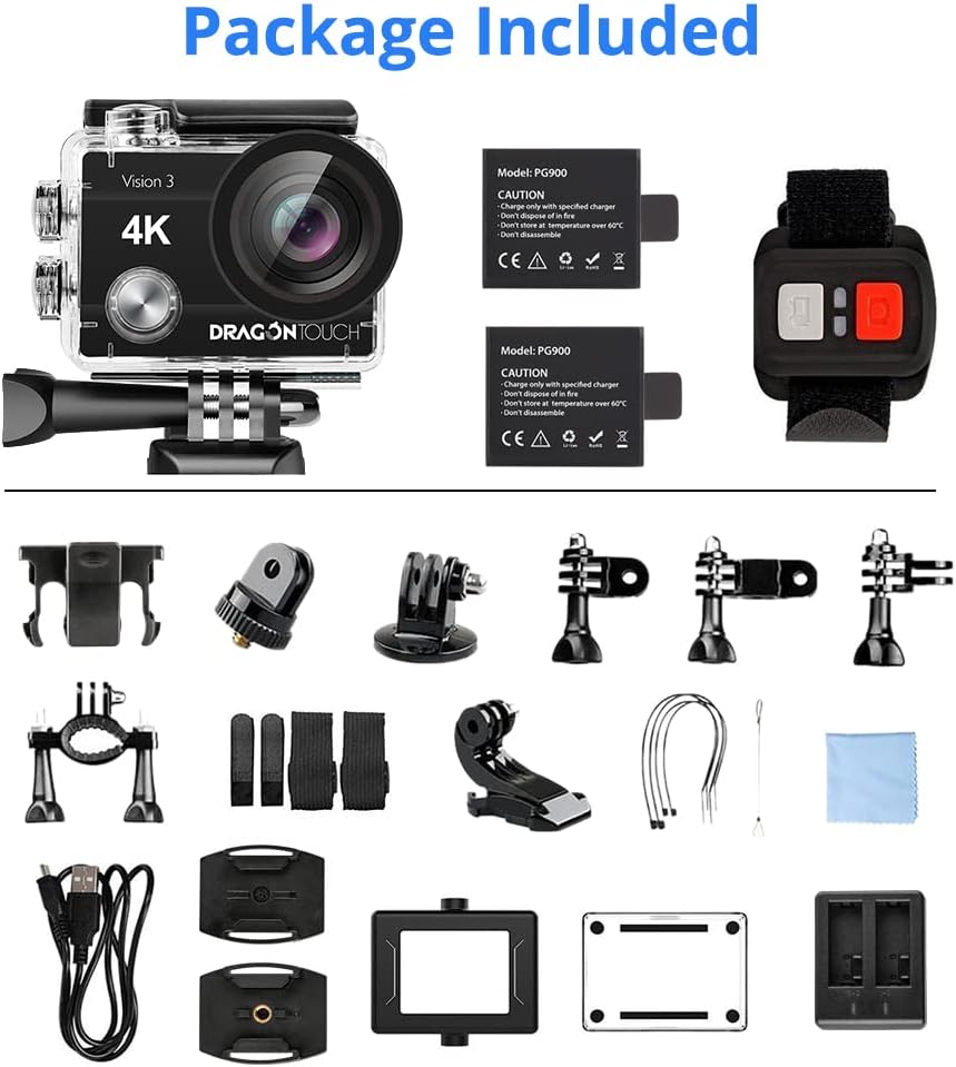 4K Action Camera 16MP Ultra HD Waterproof 170° Wide Angle 4X Zoom Sports Camcorder with Remote Control 2 Batteries Helmet Accessories Pack of 2 N546