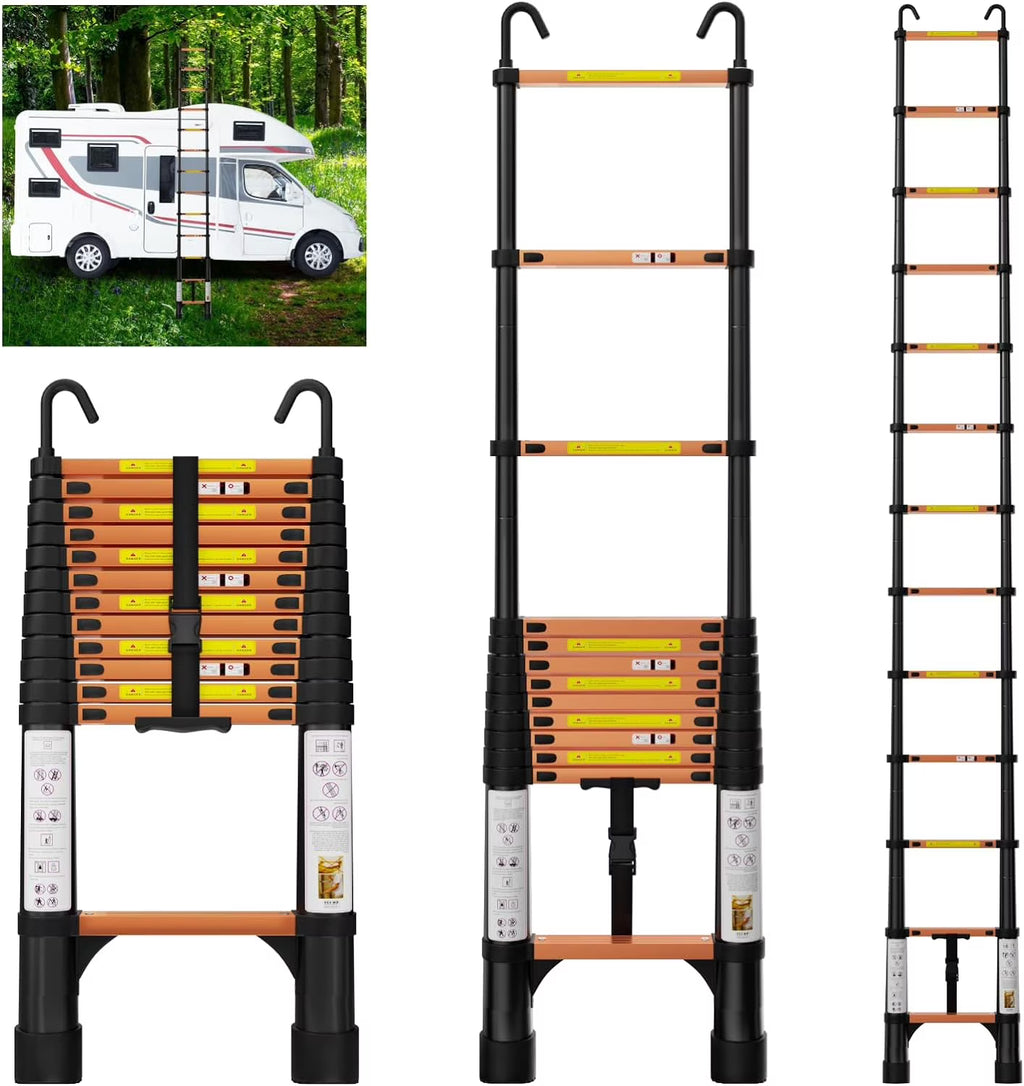 12.5FT Aluminum Telescoping Extension Ladder with Hooks & Stabilizers, 330lbs Capacity, Orange & Black V217