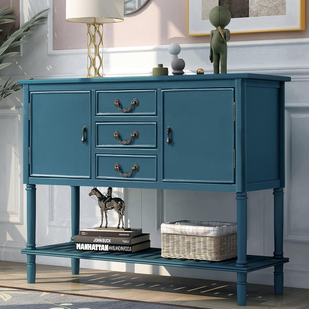 Navy Blue Wood Console Sofa Table with Drawers and Open Shelf N11520