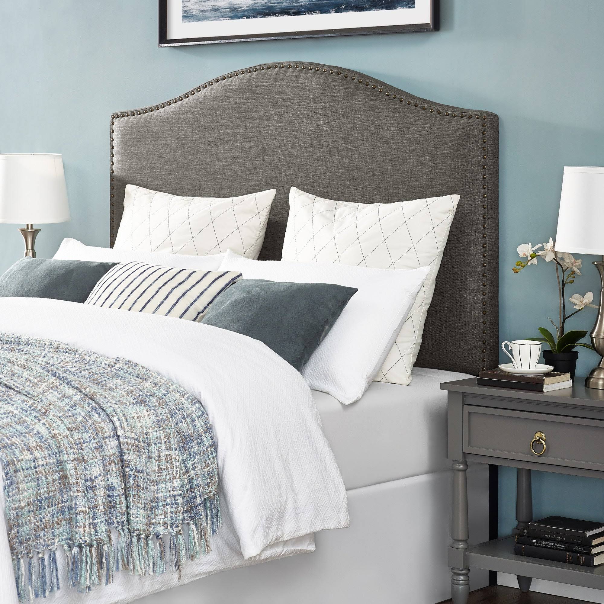 Gray Upholstered Camelback Full Queen Panel Headboard W902546