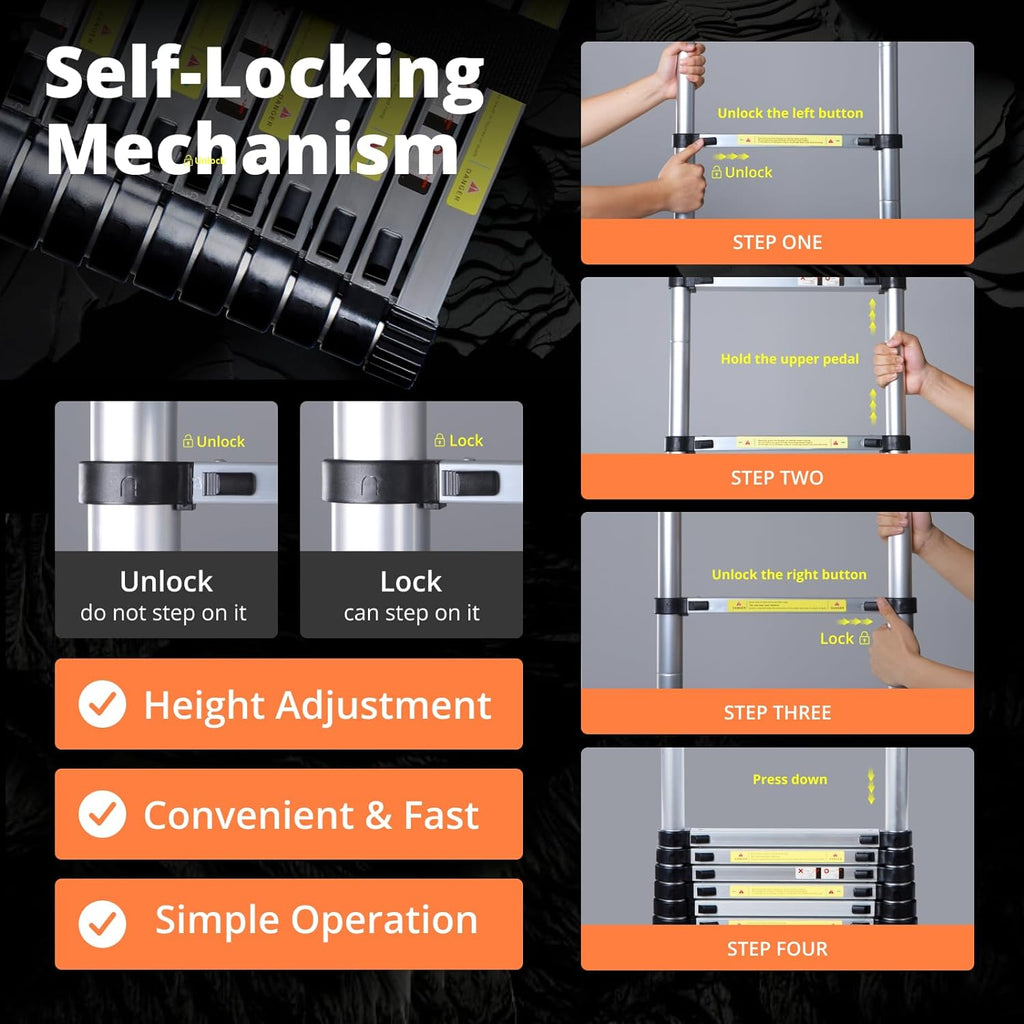 12.5FT Aluminum Telescoping Extension Ladder with Hooks & Stabilizers, 330lbs Capacity, Orange & Black V217