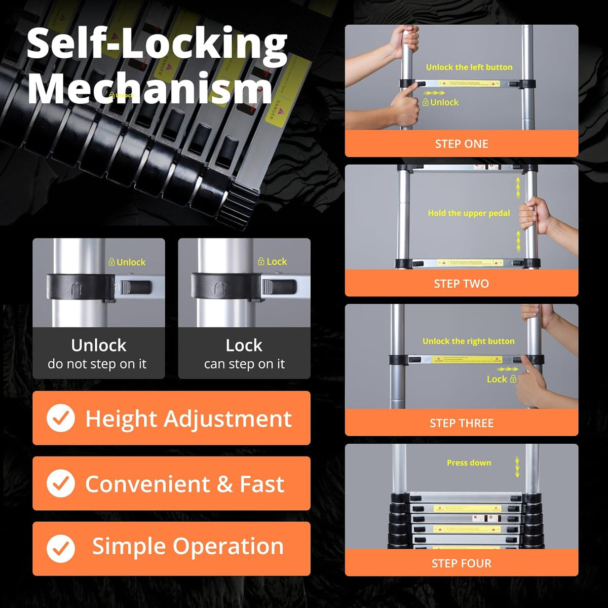 12.5FT Aluminum Telescoping Extension Ladder with Hooks & Stabilizers, 330lbs Capacity, Orange & Black V217