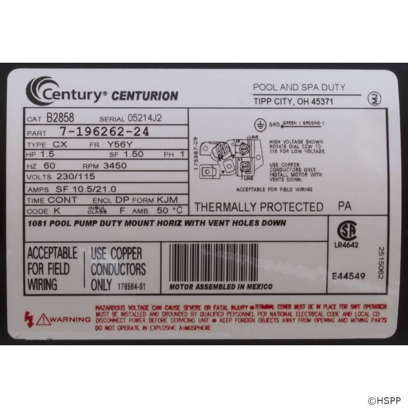 Pump Motor, 1-1/2 HP, 3450, 115/230 V, 56Y F855365