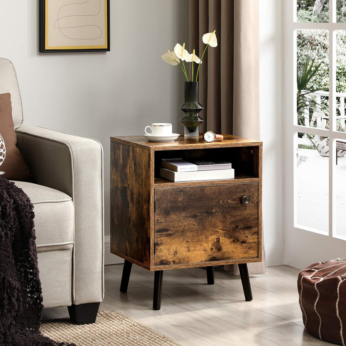 Rustic Brown Nightstand with Open Shelf and Cabinet Y812