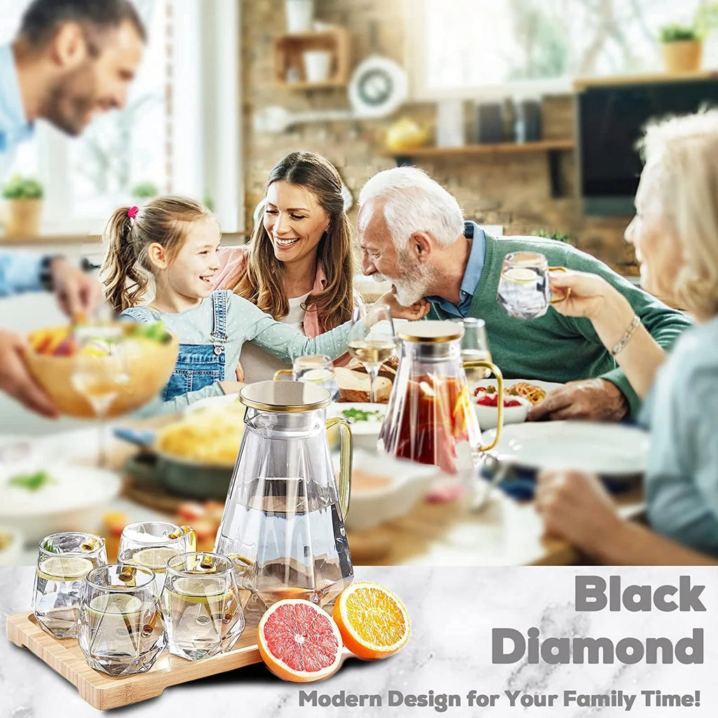 Black Diamond Glass Pitcher with 4 Cups, 1 Tray A36454