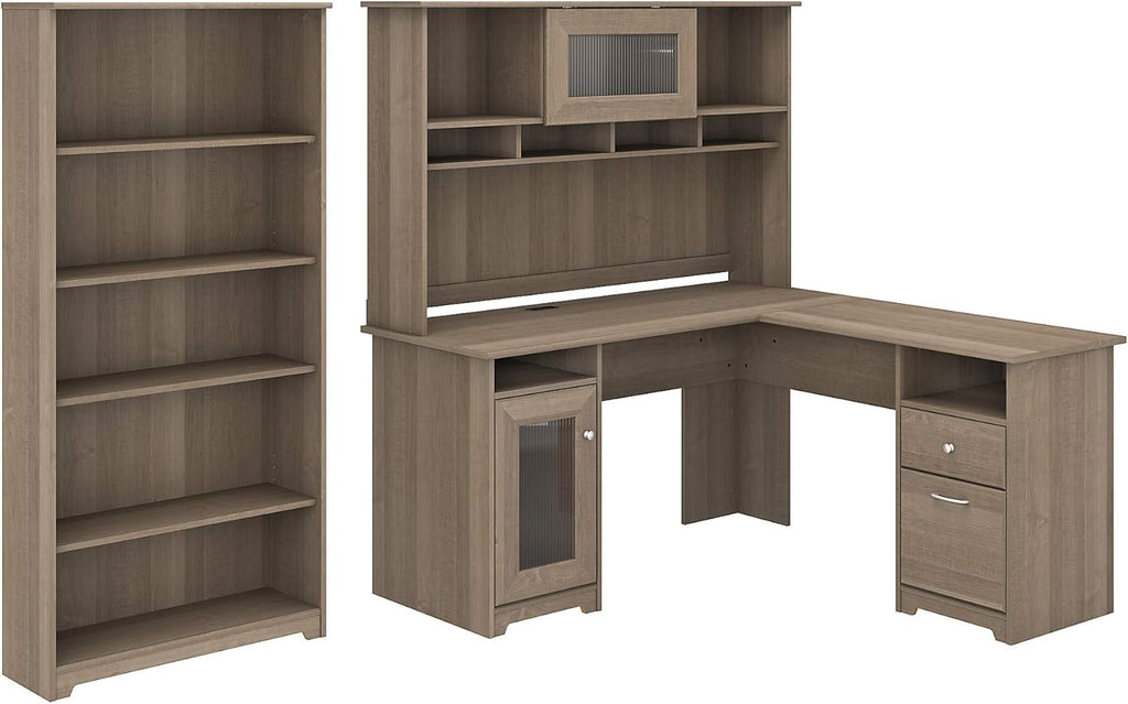 Espresso Oak L Shaped Desk with Hutch and 5 Shelf Bookcase C876