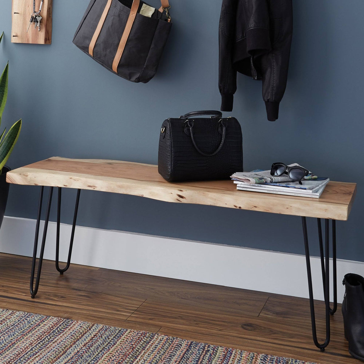Natural Live Edge Wood Bench with Metal E73919