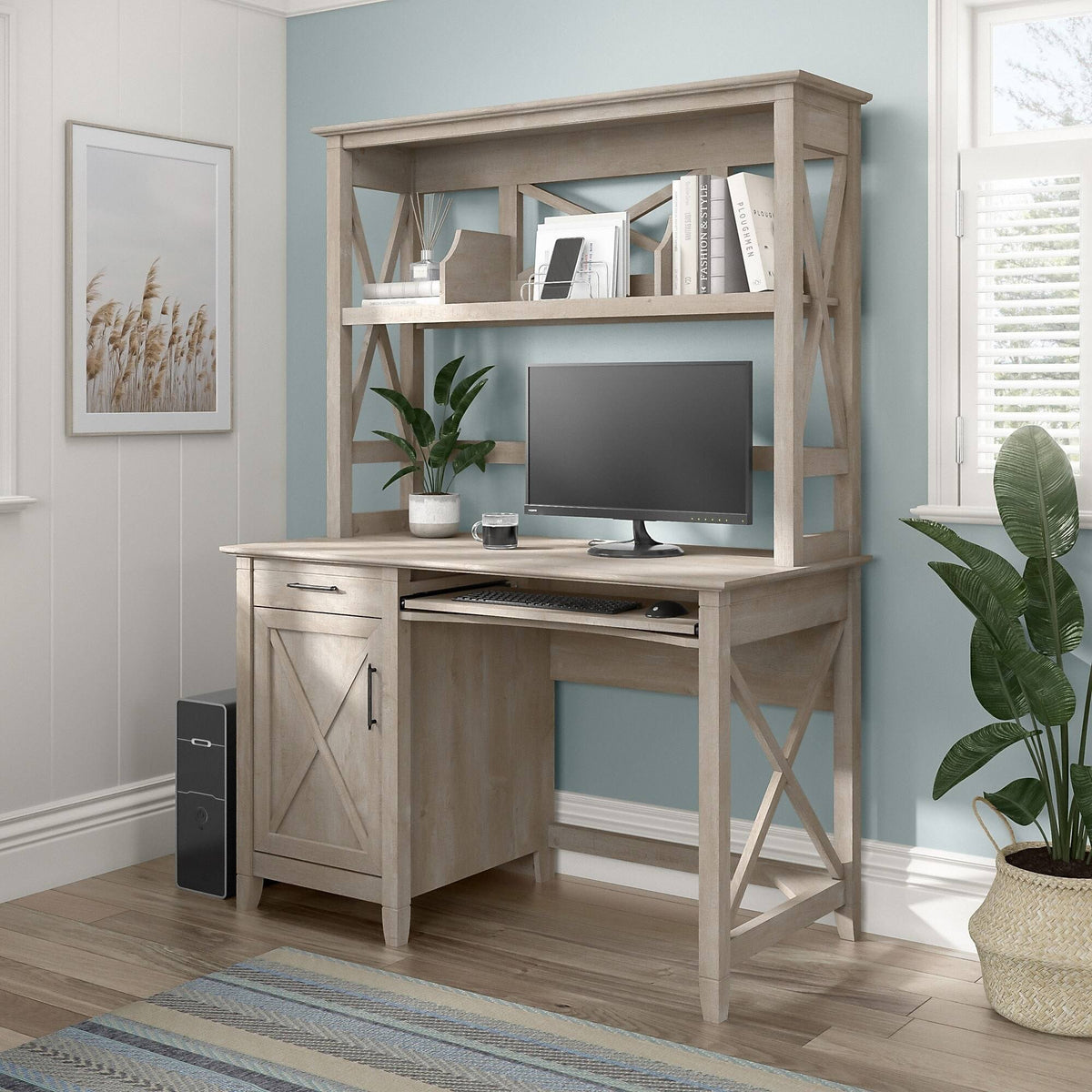 Washed Gray Engineered Wood Small Computer Desk with Hutch I7748