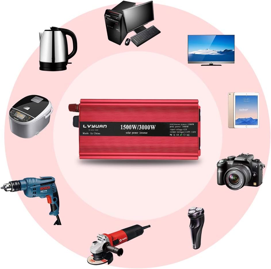 1500W Power Inverter Dual AC Outlets Dual USB DC 12V to 110V AC Car Inverter with Digital Display 4 External 40A Fuses L2269