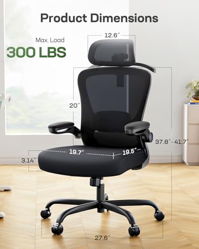 Ergonomic Office Chair with 3D Lumbar Support, Headrest, Flip-Up Armrests, High Back, Thick Cushion U1113