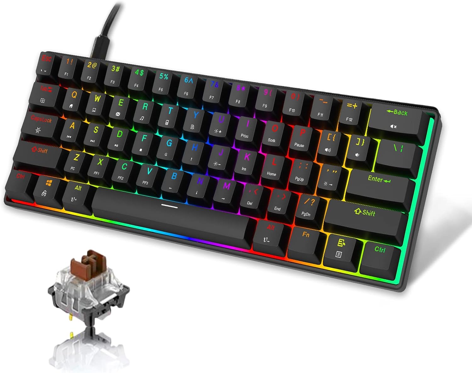 60% Wired Mechanical Gaming Keyboard 61 Keys RGB Backlit PBT Keycaps Brown Switch C930188