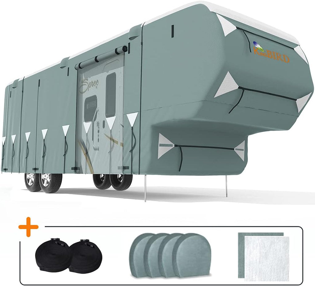 5th Wheel RV Cover, Extra-Thick 5 Layers Anti-UV Top Panel, Fits 28.5'-32.5' Motorhome with 2Pcs Extra Straps & 4 Tire Covers M901