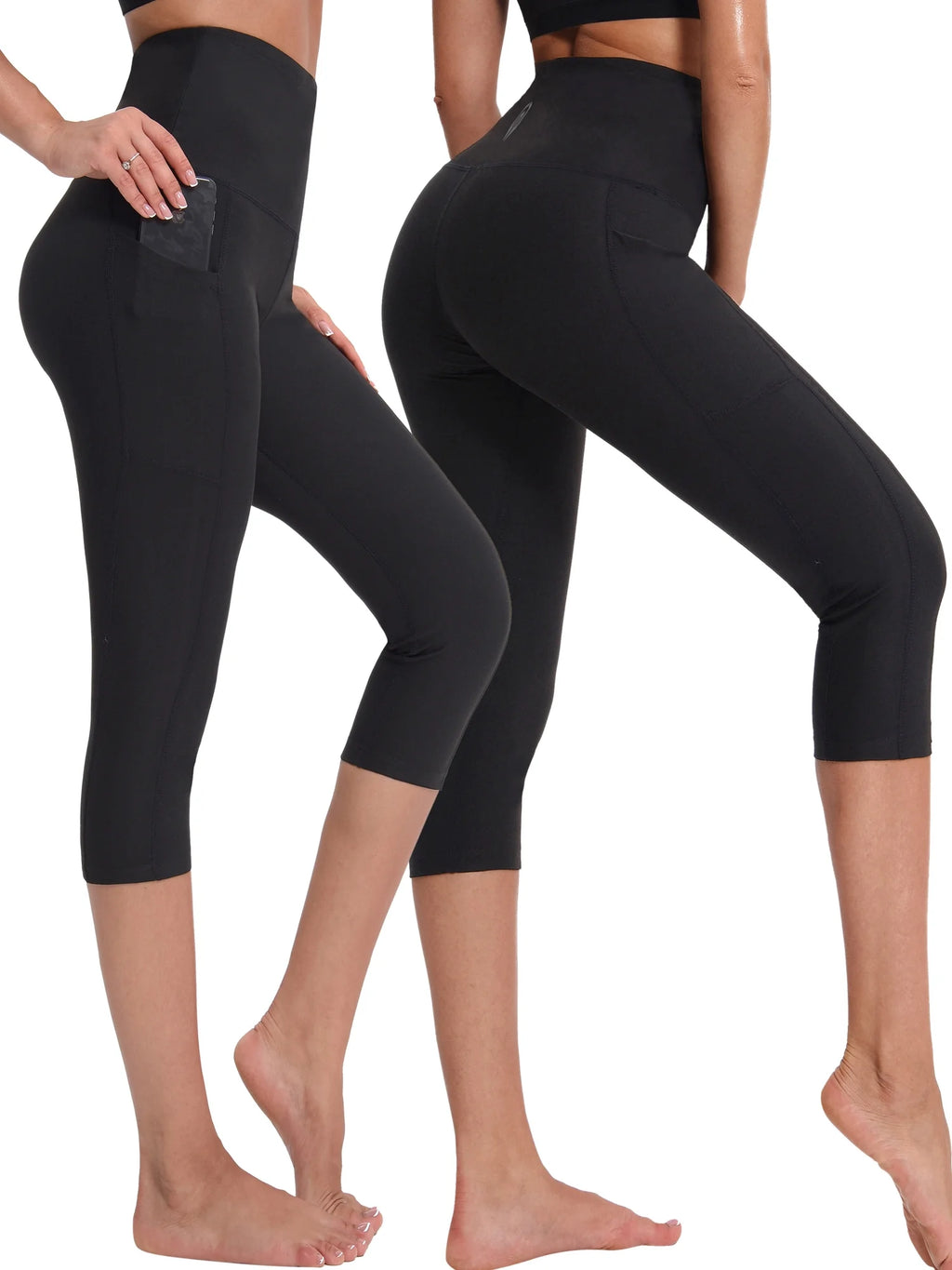 Black Blue High Waist Stretch Capri Leggings with Pockets P988968