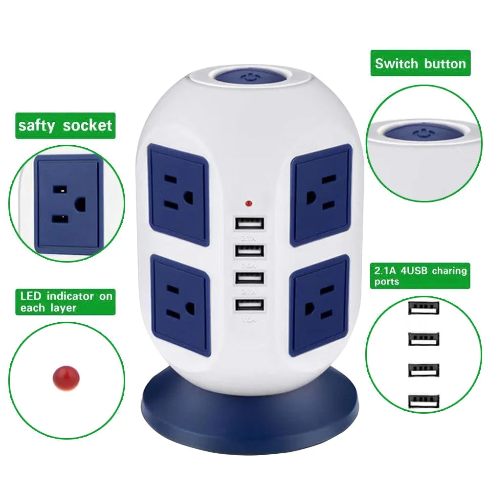 Multi Plug Charging Tower Surge Protector 8 AC Outlets 4 USB Port Power Strip Tower Extension Cord 3 Meters M24349