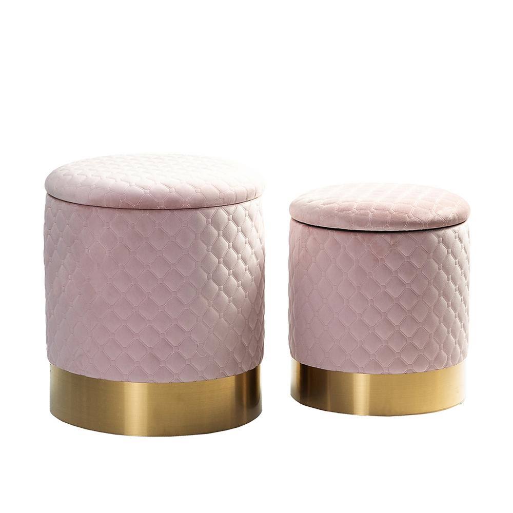Pink Geometric Quilted Velvet Storage Ottoman Set, 2 Piece R630