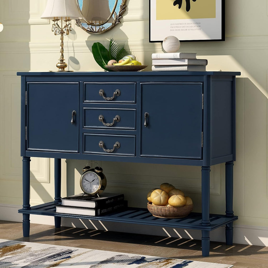 Navy Blue Wood Console Sofa Table with Drawers and Open Shelf N11520