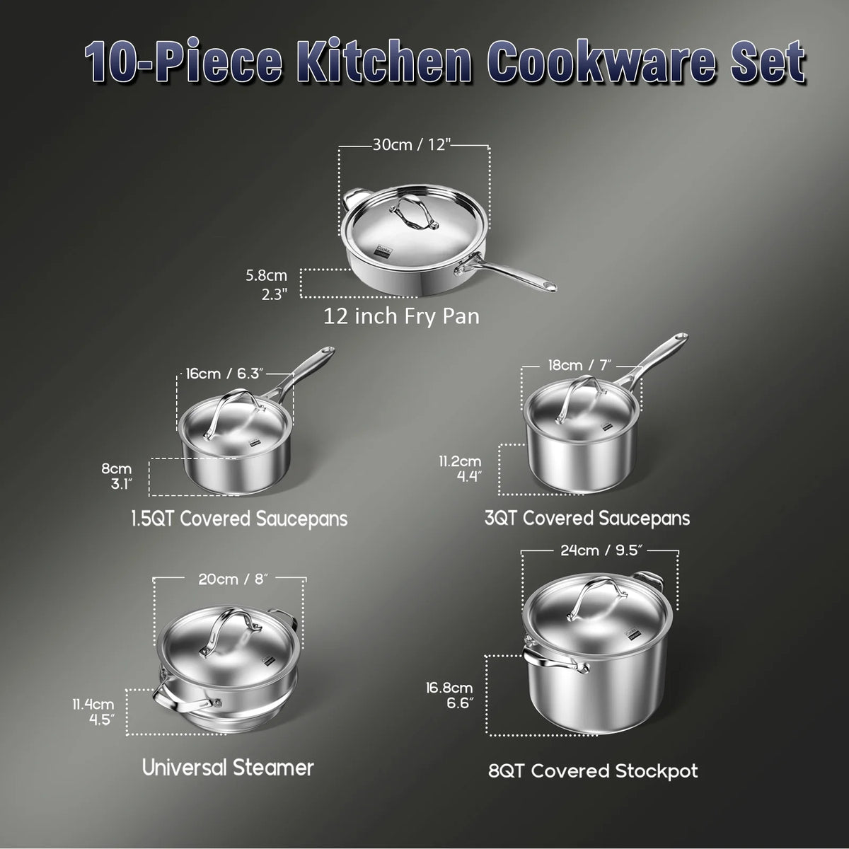 10-Piece Stainless Steel Cookware Set with Fry Pan L476393