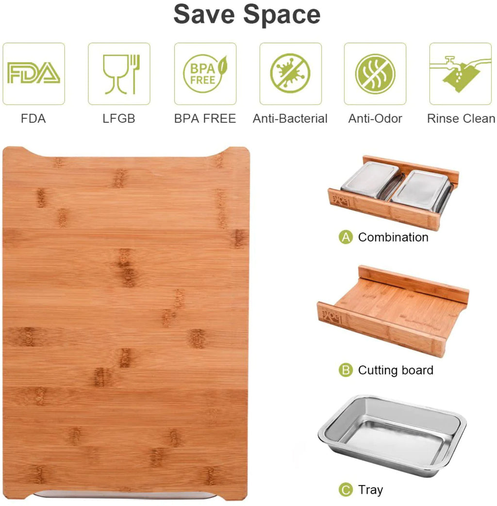 Bamboo Cutting Board with 2 Stainless Steel Trays I384