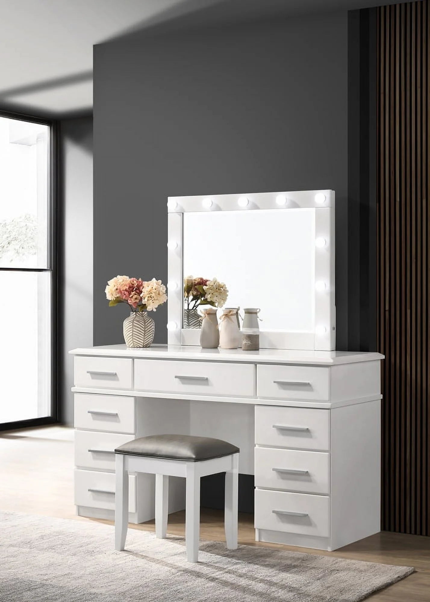 Upholstered Vanity Stool Metallic Glossy White T34604