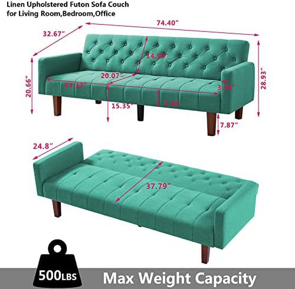Linen Upholstered Futon Sofa Bed 74" Tufted 3 Seater (Grey) O4987