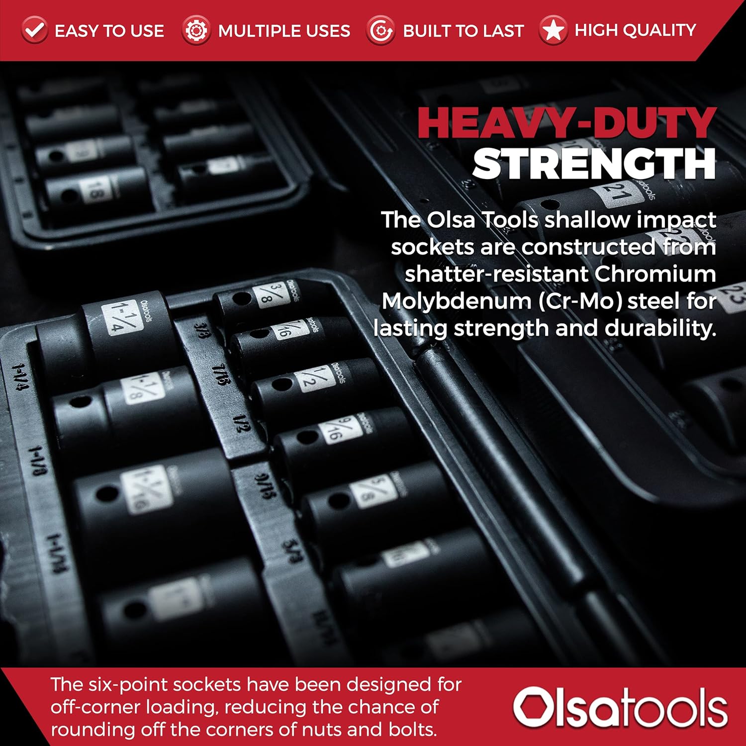1/2 Drive Cr-Mo Shallow Impact Socket Set, 6-Point SAE, 14pc 3/8 to 1-1/4, Chromium Molybdenum, Premium Storage Case G448119