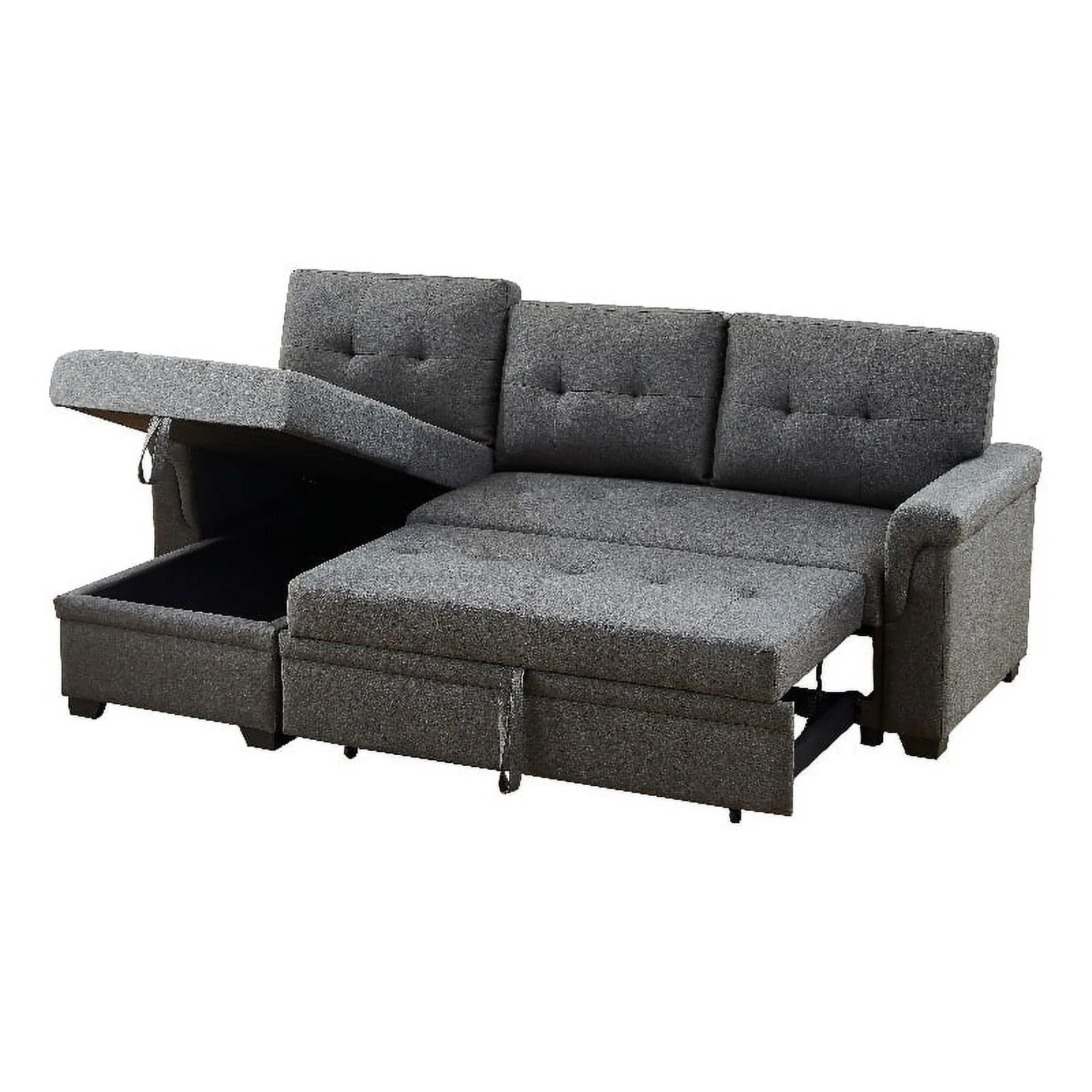 Gray Linen Fabric Reversible Sleeper Sofa with Chaise D89193