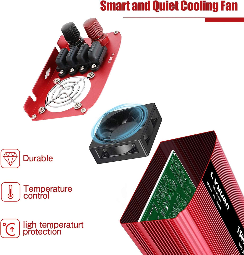 1500W Power Inverter Dual AC Outlets Dual USB DC 12V to 110V AC Car Inverter with Digital Display 4 External 40A Fuses L2269