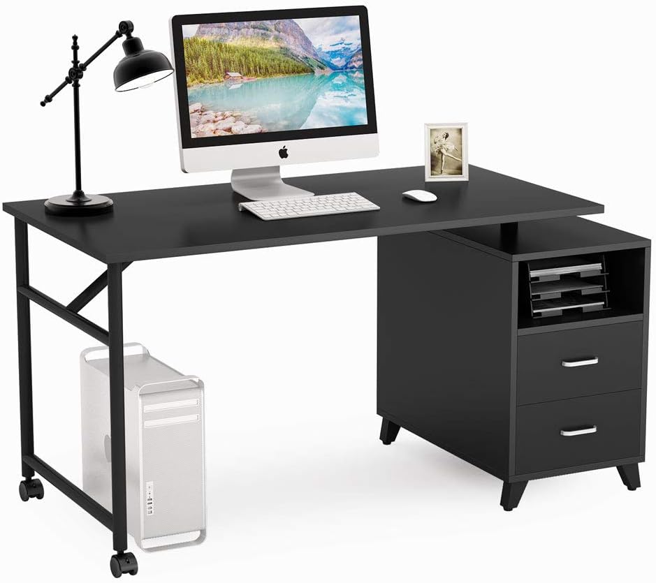 Reversible Computer Desk with Drawers, 47 inch Writing Table Workstation with Storage Cabinet K5524