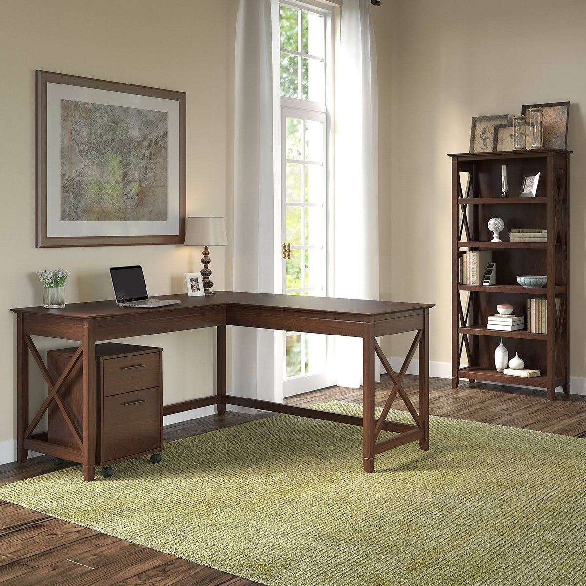 60-Inch L-Desk with File Cabinet and Bookcase W540