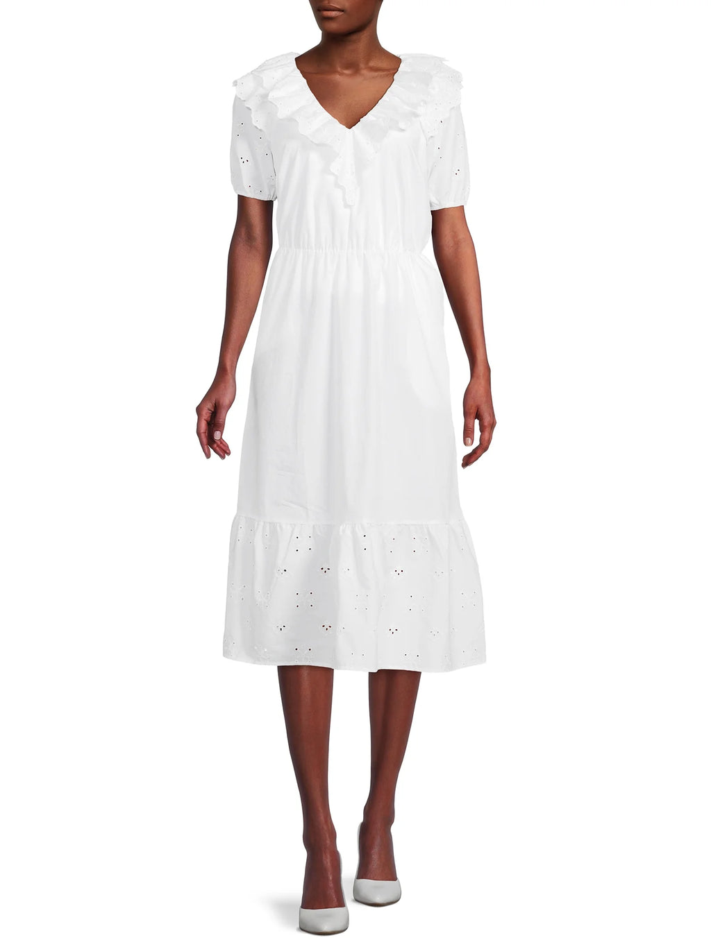 Women's Eyelet Ruffle Midi Dress with Short Sleeves K111750